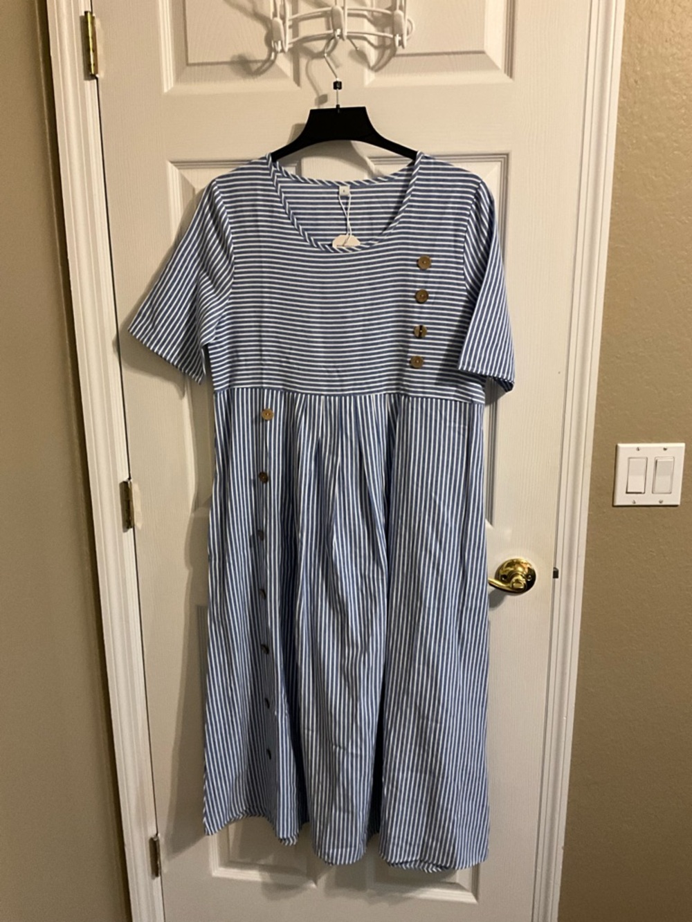 Blue & White mostly cotton Striped Midi Dress with Button Detail